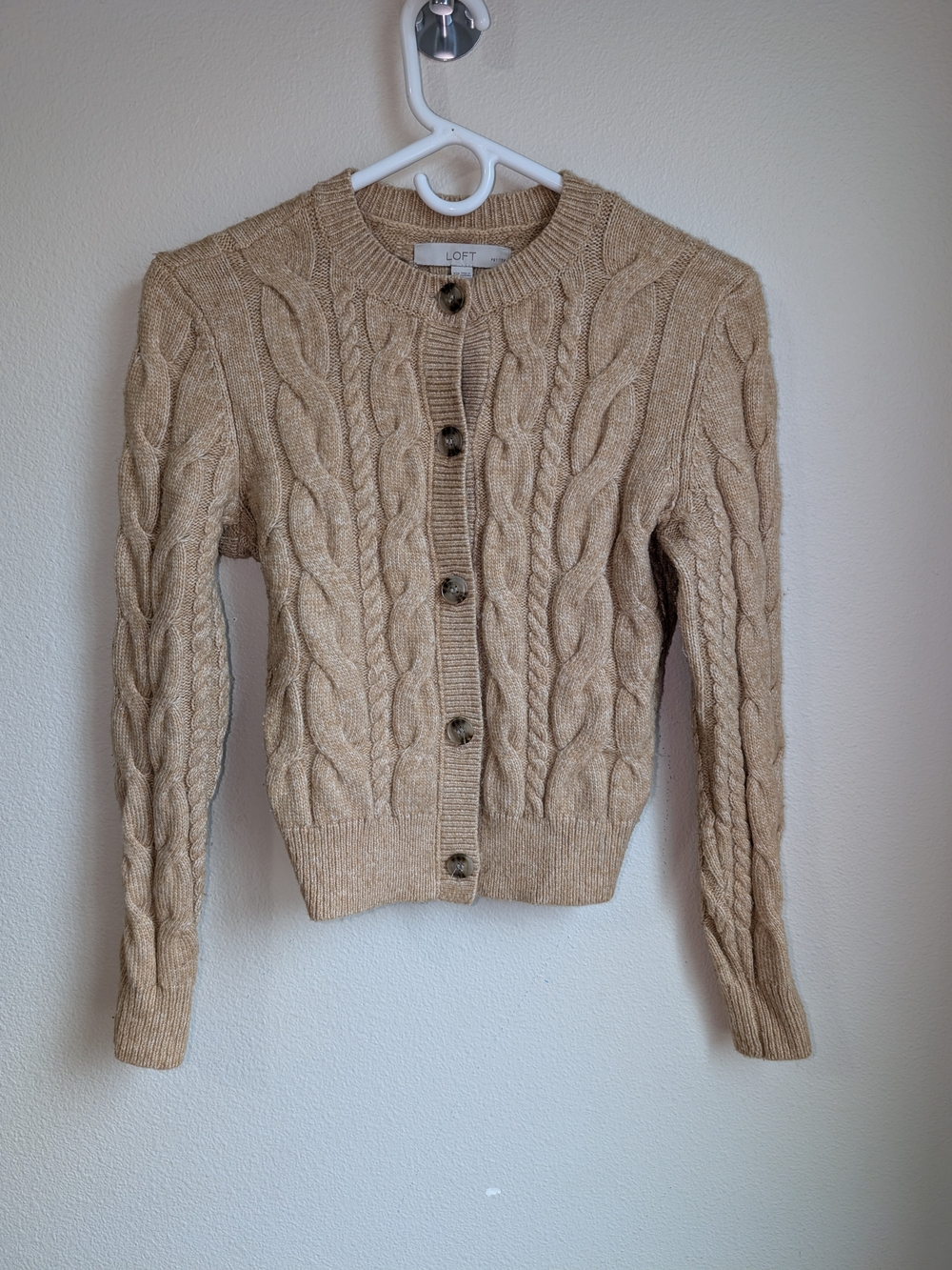 LOFT Women's Beige Cable Knit Button-Front Sweater Size XSP